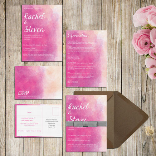 Pink Watercolour Wedding Invitations RSVP Stationery - Picture 1 of 11