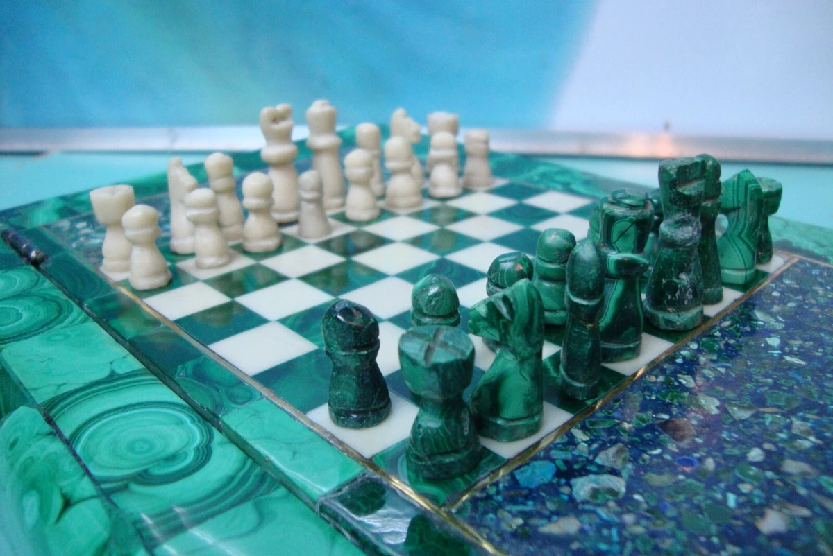 RARE Carved Book + Chess Pieces Malachite & Granite gem stone Hand made  board