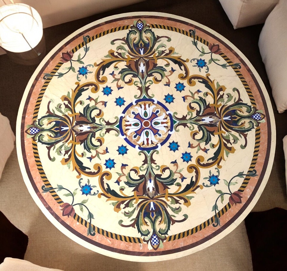 Round Marble Coffee End Table Handmade Precious Stone Luxury Bar Desk