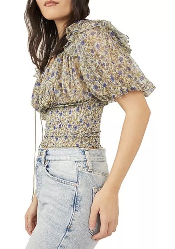 Free People Beatrice Ruffle Blouse Top Floral Printed Smocked Cropped Sz S NWT - Picture 3 of 14