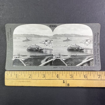 H.M.S. Resolution Battleship Plymouth England Stereoview Antique c1920s Y10698
