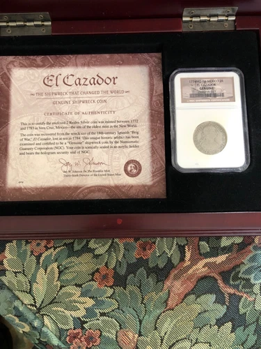 1774 MOFM Mexico 2 Reales "El Cazador" Shipwreck Coin NGC Certified in wood case