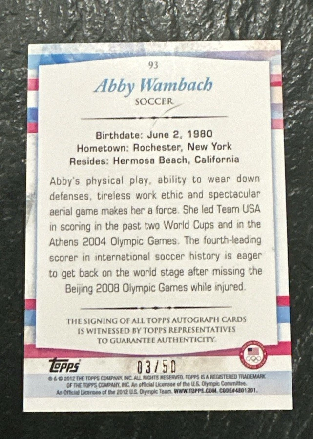 2012 Abby Wambach /50 Topps US Olympics London Olympic Bronze AUTO #93 - Image 2 of 2