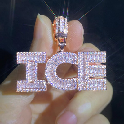 5AAA+ CZ Baguette Full Ice Out Hop Hip Bling Custom Letter Pendant Necklace
