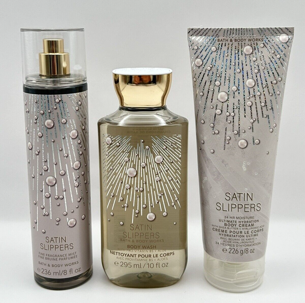 NEW Bath & Body Works Satin Slippers 3pc Gift Set Full Size Body Wash Cream Mist
