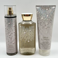 NEW Bath & Body Works Satin Slippers 3pc Gift Set Full Size Body Wash Cream Mist