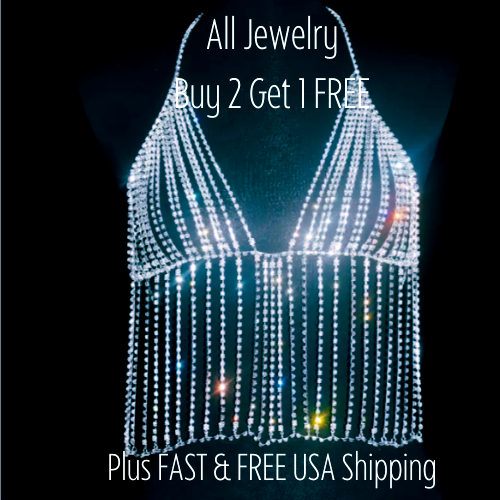 Rhinestone Chain Halter Top Crystal Tank Bra Crop Festival