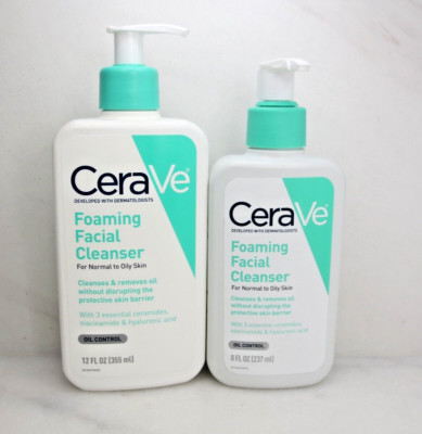 CERAVE FOAMING FACIAL CLEANSER FOR NORMAL TO OILY SKIN 12 OZ & 8 OZ NWOB 2PCS