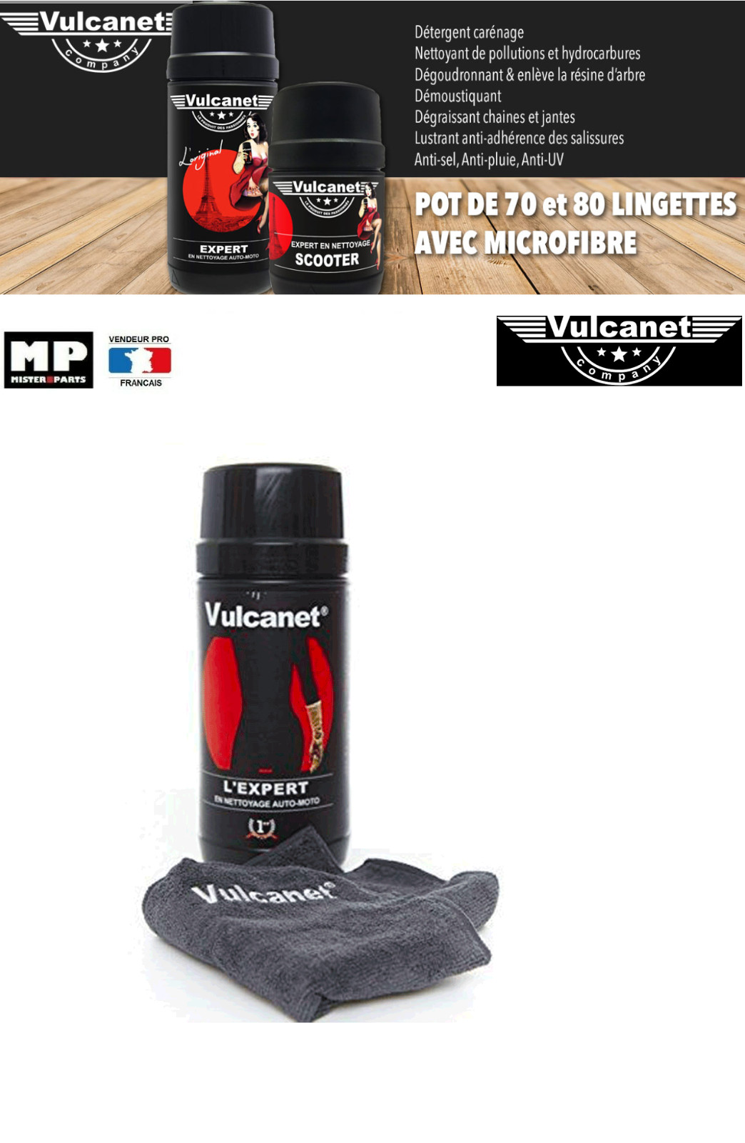 Vulcanet 80 lingettes de nettoyage sans eau avec microfibre pour auto et moto