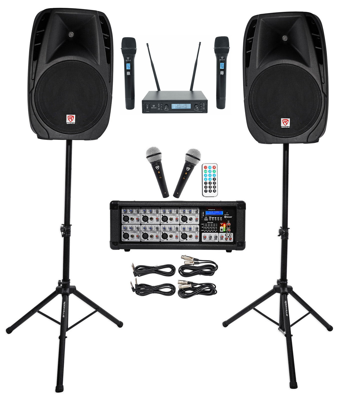 Bluetooth-микшер Rockville RPG2X15 с питанием от сети +(2) 15 динамиков + Подставки + Беспроводные микрофоны