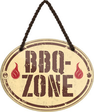 H&auml;nge Blechschild 18x12 oval BBQ ZONE - Wand + T&uuml;r Deko Haus Garten grillen