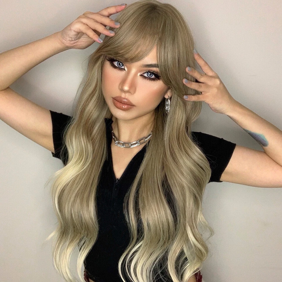 Pelucas largas onduladas con flequillo ombre rubio oscuro disfraces fiesta diaria para mujer Foto 4 de 4