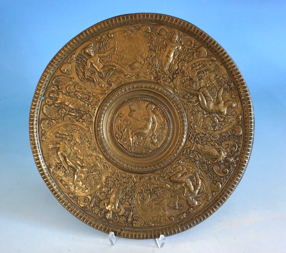 Bronze Teller Reliefteller Temperantia Darstellung 4 Elemente 19 Jhdt.(F024-723)