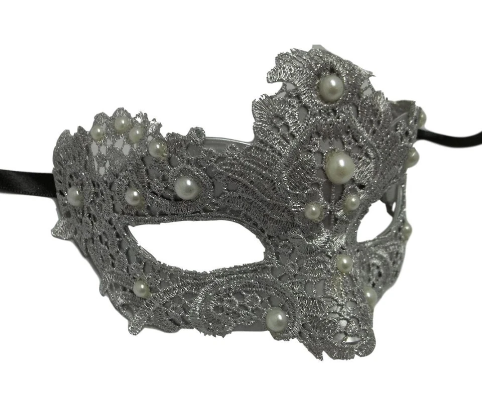Silver Pearl Macrame Brocade Lace Masquerade Mardi Gras Mask - Image 2 of 2