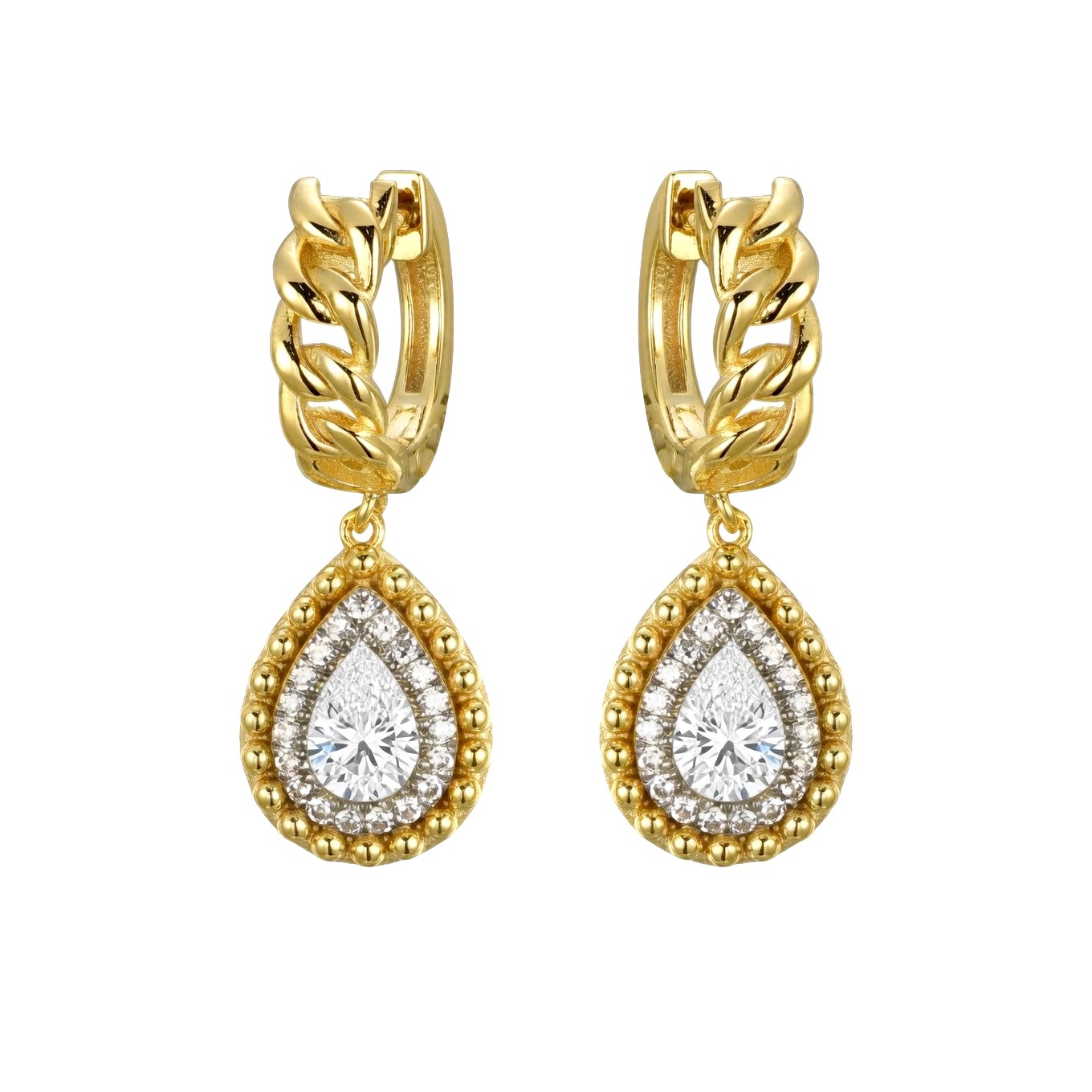 Gold-plated Silver Jewelco London Pear CZ Curb Huggie Hoop Beaded Drop Earrings
