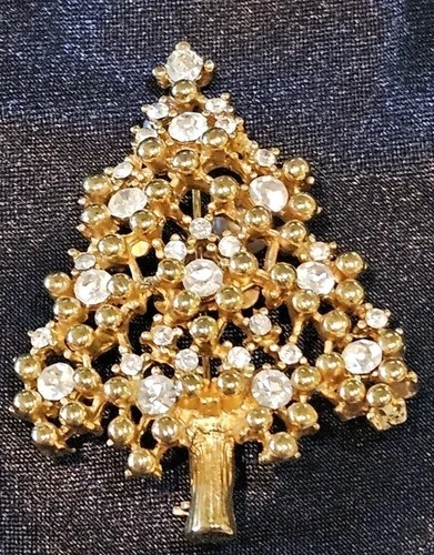 Eisenberg Ice Signed Vintage Christmas Tree Gold Clear Rhinestones Brooch Mint