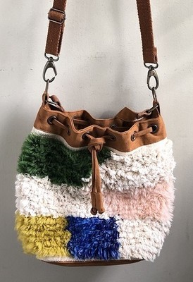 Boho Shag Yarn & Canvas Crossbody Bucket Bag Purse 11 x12 x5  World Market