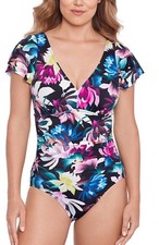 Swim Solutions Floral Print Flutter Sleeve OnePiece Swimsuit Size 18