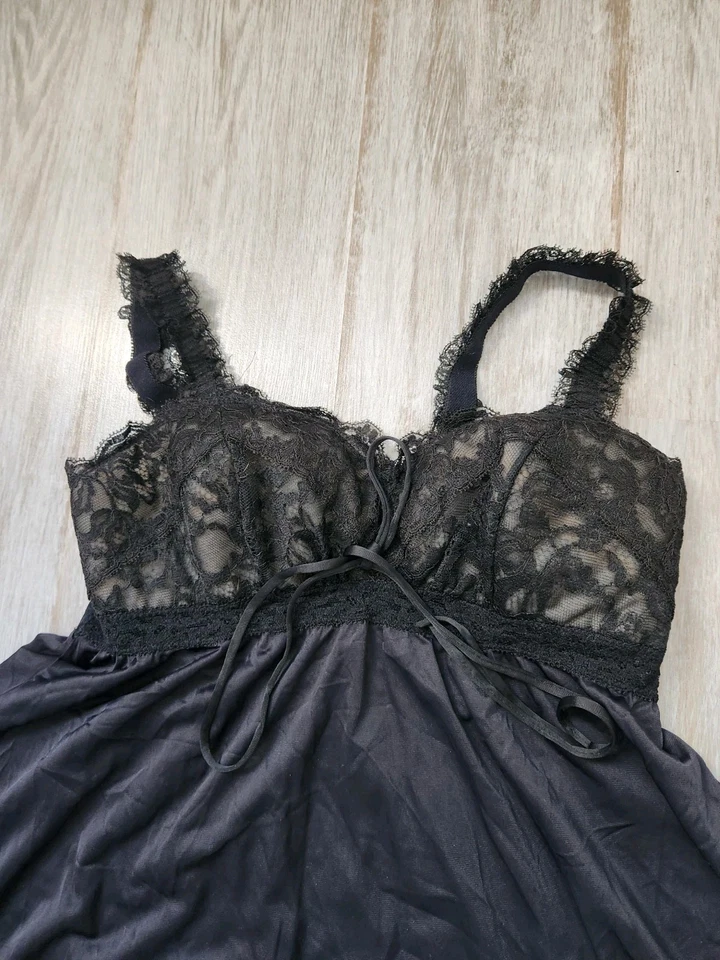 Camisón Olga Vintage Mediano Negro Barrido Completo Nylon Negligee Talla 34 Foto 3 de 4