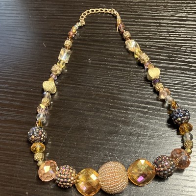 Handcrafted Beaded Statement Necklace Glass Metal Gold Brown Multicolor Round