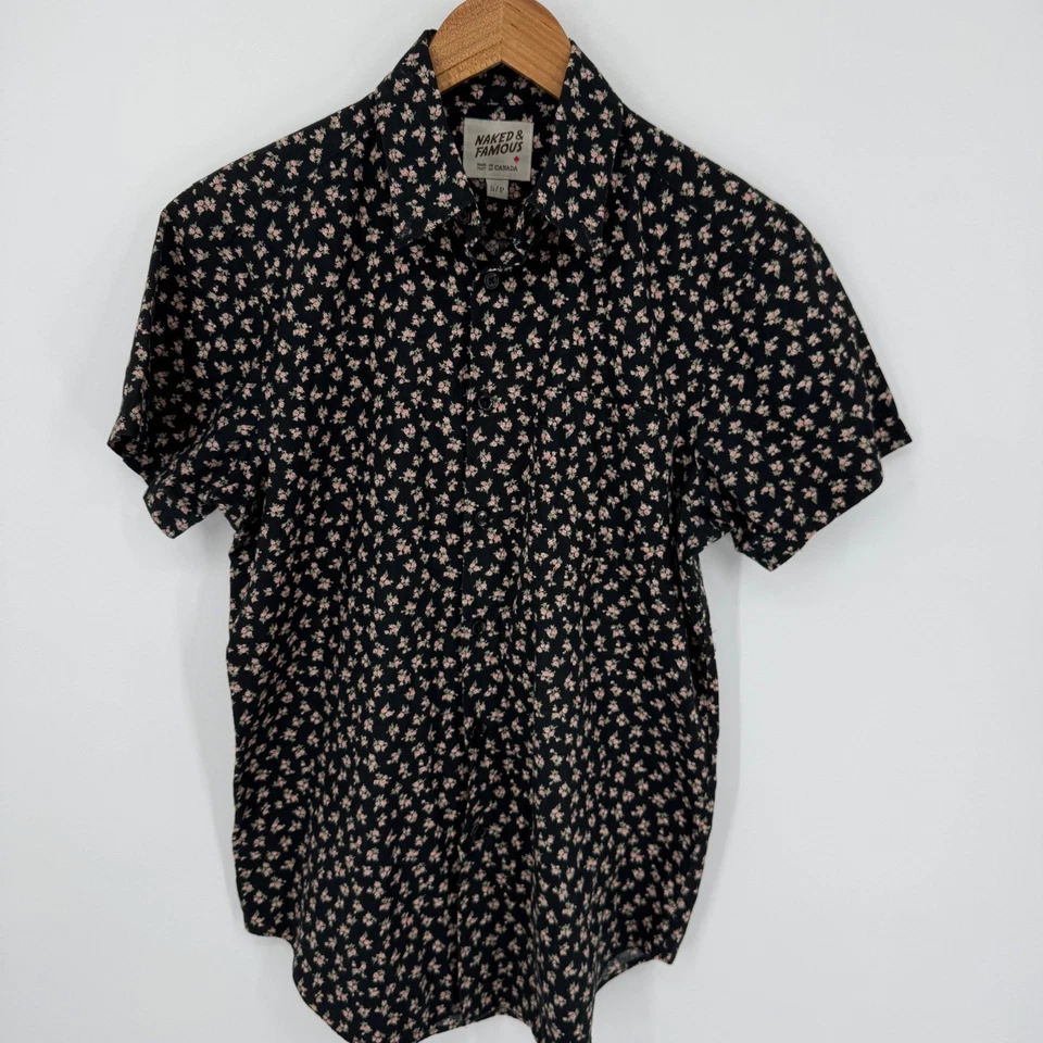 Naked & Famous Mens Floral Print Short Sleeve Shirt Black Made in Canada Small - Image 3 of 4