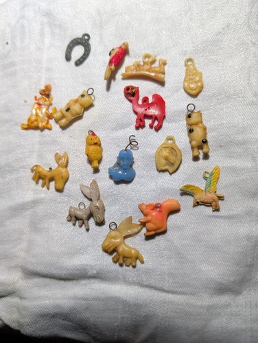 Vintage Celluloid Plastic Gumball Charm Lot 16pc 1930s 1940s Cracker Jack Camel
