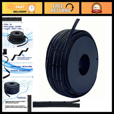 24 AWG 3Pin Silicone Ribbon Cable 100FT Flat Flexible Electrical Wire, Tinned Co