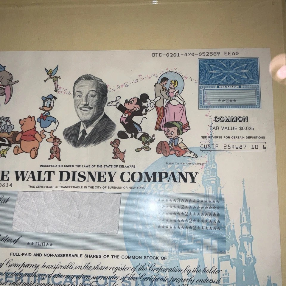 CERTIFICADO DE STOCK WALT DISNEY COMPANY 1993 DE COLECCIÓN. 2 ACCIONES ORIGINALES COTIZADAS ENMARCADAS Foto 3 de 4