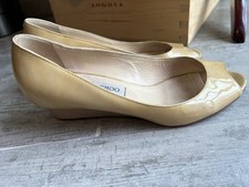 675 JIMMY CHOO Patent Leather Nude Wedge Pump Peep Toe Designer Classic READ 8