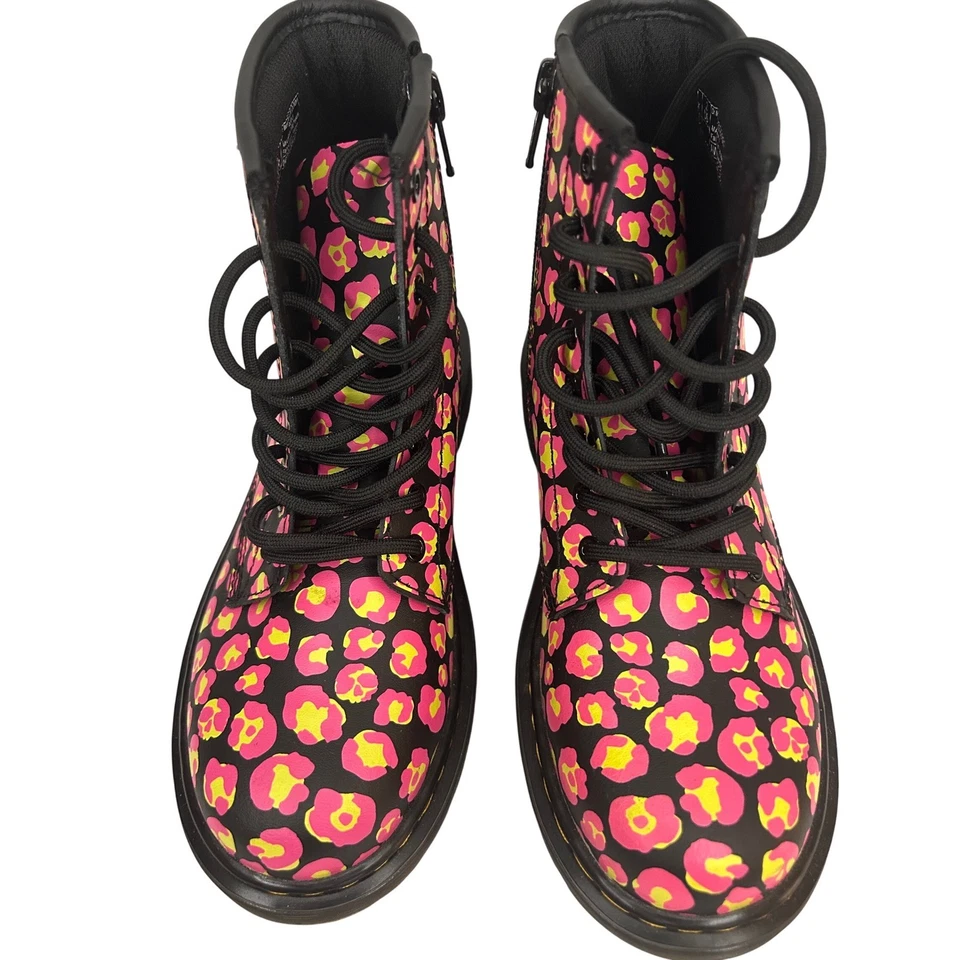 Dr Martens Docs Leopard Print Leather Boots Kids Lace Up Zip Hot Pink Yellow S 2 - Image 4 of 4