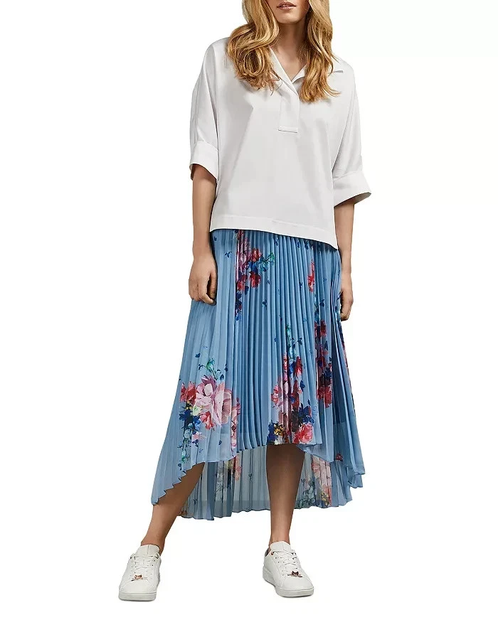 Ted Baker 2 Harrpa Frambuesa Ondulado Plisado Midi Falda Azul Asimétrico EE. UU. 6 Foto 3 de 4