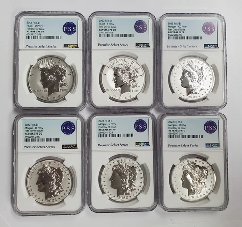 2022 $1 Fiji Reverse Proof Silver Morgan and Peace 6 Coin Set NGC PF70 First Day