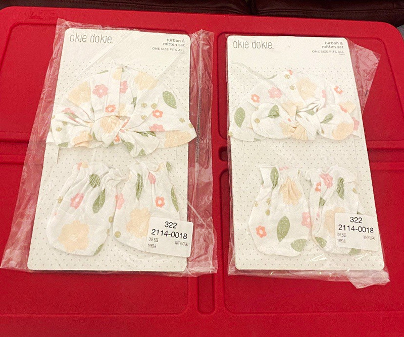 2 Sets Of Okie Dokie Turban & Mitten Set, Knit Floral, White, One Size