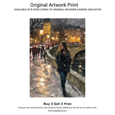 Frau auf Stadtbrücke bei Nacht | Impressionistischer Kunstdruck | Pariser Straßenszene