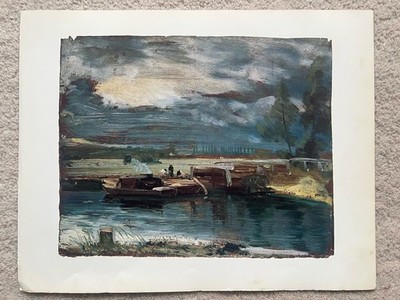John Constable Ölskizze Kunstdruck 1960er Kähne auf Stour Dedham Kirche um 1811