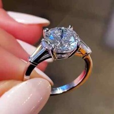 9 mm Round Cut VVS1 Moissanite Three Stone Wedding Ring 14k White Gold Plated