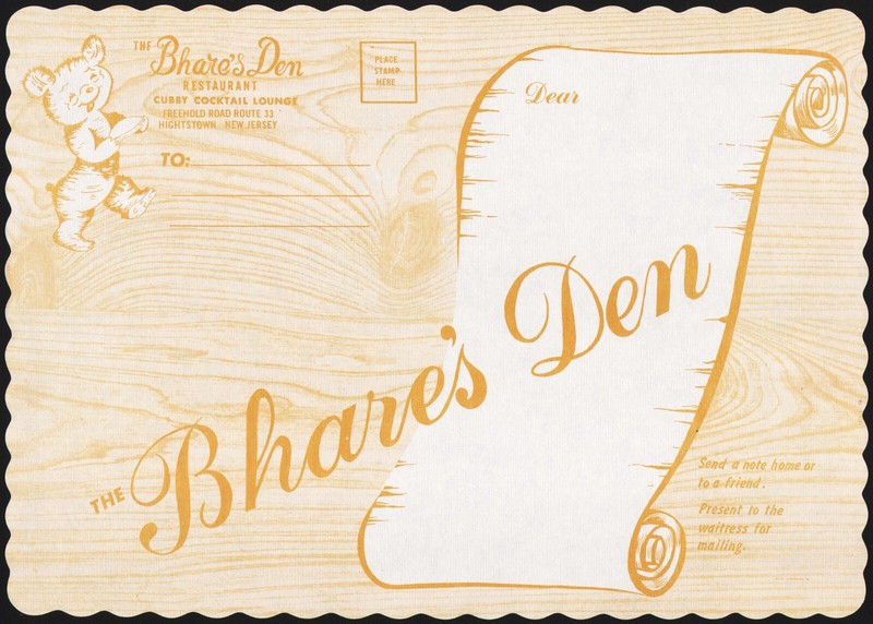 Vintage placemat THE BHARES DEN Restaurant cartoon bear Hightstown New Jersey