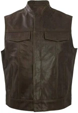 Men's Motorcycle SOA Club Leather Vest Bikers Solid Brown Concealed Carry Arms 