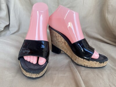 Vintage Fendi Patent Leather Cork Wedge Heel Slides Black size 37 Y2K **  Read**