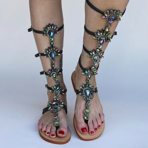 Women Gladiator Knee High Belt Strappy Beach Bohemian Rhinestones Thong Sandals - Picture 2 of 16