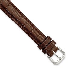 16mm 9.5" Brown Alligator-Style Grain Leather Silver-tone Buckle Watch Band
