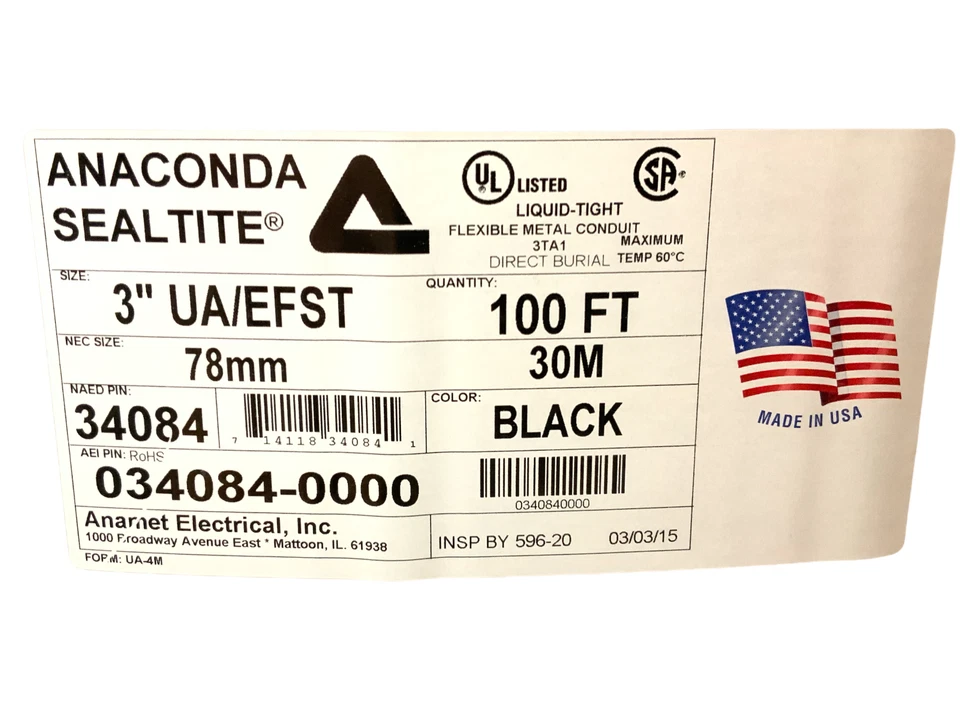 34084 ANACONDA SEALTITE 100 FT 3" UA/EFS CONDUCTO DE METAL FLEXIBLE HERMÉTICO A LÍQUIDOS 3TA1 Foto 2 de 3