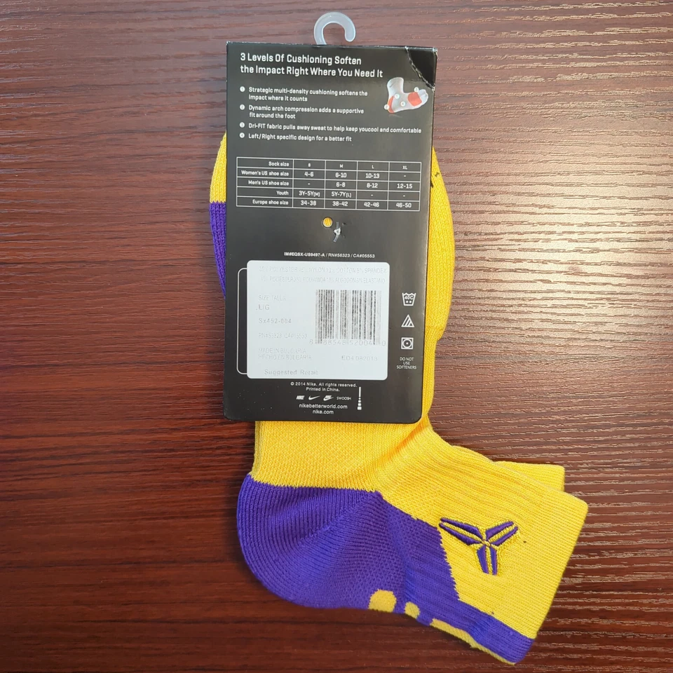 Raro Kobe Bryant Nike Elite Calcetines Corte Cuarto Baloncesto Talla L Amarillo/Púrpura Foto 2 de 4