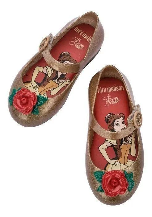 Mini Melissa Bebé Niña Zapatos La Bella y la Bestia Disney Dorado Vestido Planos NUEVO Foto 2 de 4