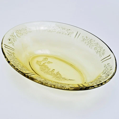 Vintage Yellow Depression Glass Oval Serving Bowl Embossed Roses Cottage Kitchen