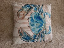Crab accent pillow in blues and beige