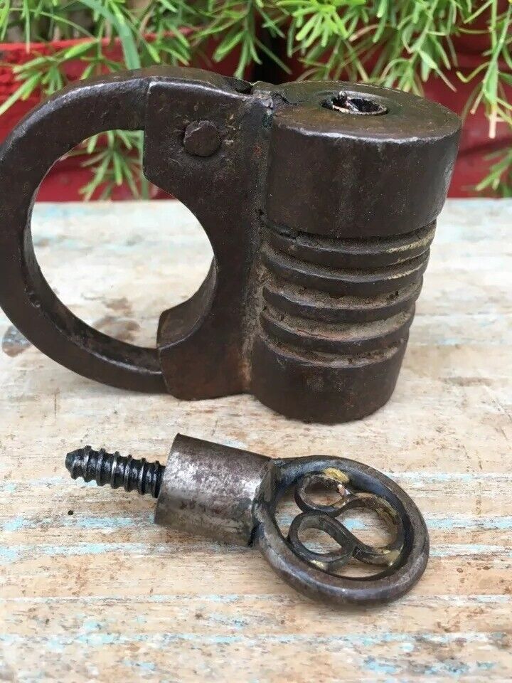 Antique Primitive Indian Hand Forged & Figured Iron Made Rare Design Lock & Key