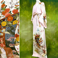   Excellent  antique kimono,japanese kimono , kimono robe,orange kimono,tsumugi
