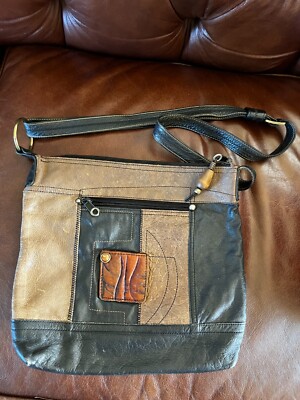 Designed Handcrafted by Faye Fisher-Ward Black w Brown Patchwork Leather  Shoul