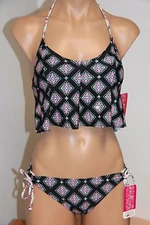 NWT Hula Honey Swimsuit Bikini 2 piece set Sz L Halter top Multi Tie Side